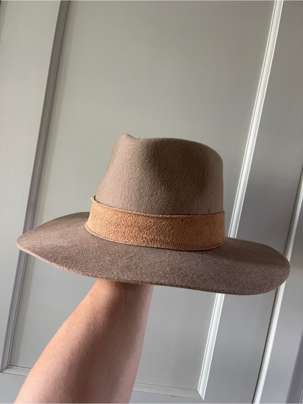 Wyeth Wide Brim Wool Hat in Taupe with Suede Band